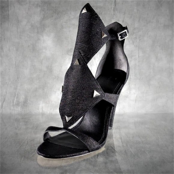 NIB Sigerson Morrison MARINO Embossed Black Leather Ankle Strap Sandals 7.5 - Picture 1 of 12